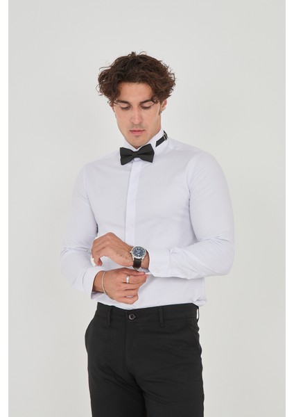 Saten Ata Yaka Smokin Gizli Düğmeli Pamuklu Likralı Slim Fit Erkek Gömlek indirimleri