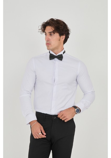 Saten Ata Yaka Smokin Gizli Düğmeli Pamuklu Likralı Slim Fit Erkek Gömlek