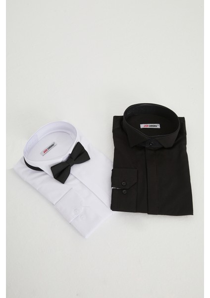 Saten Ata Yaka Smokin Gizli Düğmeli Pamuklu Likralı Slim Fit Erkek Gömlek