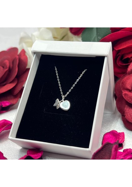 Kalp ve Kelebek Kadın Kolyesi 925 Ayar Gümüş Zincirli Rodyumlu Zirkon Taşlı