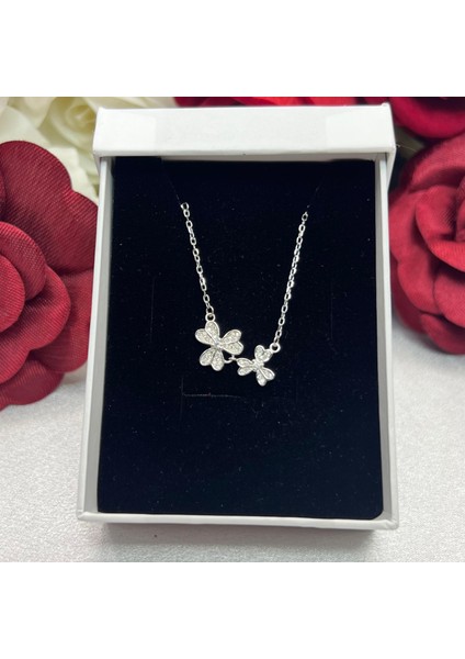 Ikili Kelebek Kadın Kolyesi 925 Ayar Gümüş Zincirli Rodyumlu Zirkon Taşlı