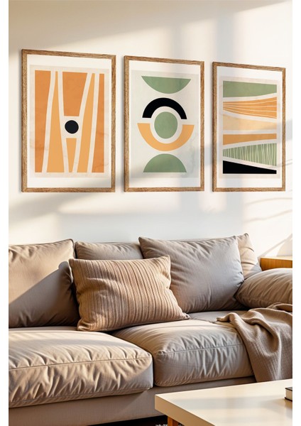 3 Parça Doğal Çizgiler Konsepli Ahşap Çereçeve Görünümlü Mdf Tablo Seti