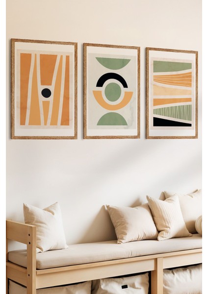 3 Parça Doğal Çizgiler Konsepli Ahşap Çereçeve Görünümlü Mdf Tablo Seti fiyatları