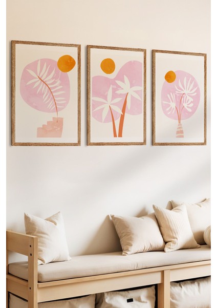 3 Parça Pastel Tropik Huzur Konsepli Ahşap Çerçeve Görünümlü Mdf Tablo Seti fiyatları