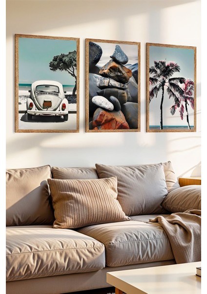 3 Parça Huzurlu Anlar Temalı Ahşap Çerçeve Görünümlü Mdf Tablo Seti