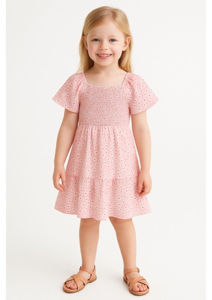 Kız Çocuk Pembe Çiçek Desenli Elbise, Kız Çocuk Elbise