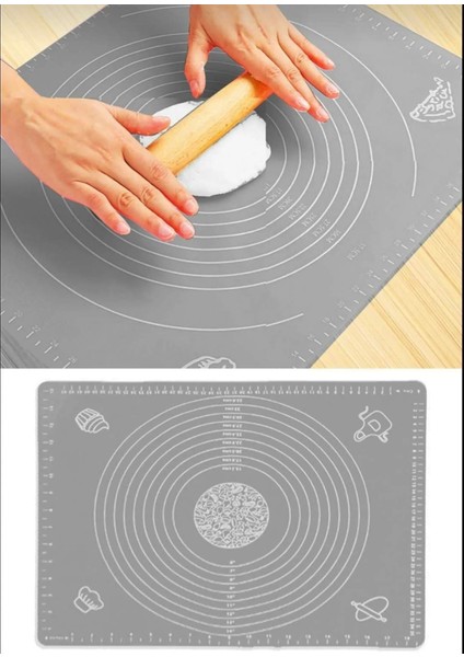 Gri Büyük Boy 45X65 cm Silikon Ölçekli Hamur Açma Matı Baklava Börek Mantı Erişte Hamuru Yoğurma