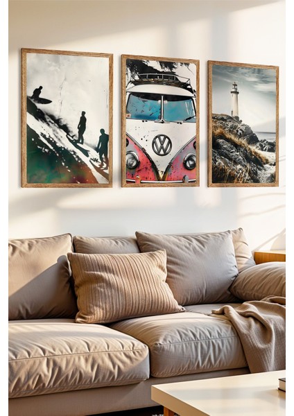 3 Parça Dalga ve Yol Temalı Ahşap Çerçeve Görünümlü Mdf Tablo Seti