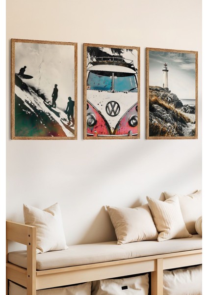 3 Parça Dalga ve Yol Temalı Ahşap Çerçeve Görünümlü Mdf Tablo Seti fiyatları