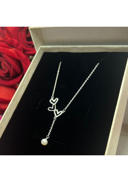 Inci Sallantılı Üç Kalp Kadın Kolyesi 925 Ayar Gümüş Zincirli Rodyumlu Zirkon Taşlı