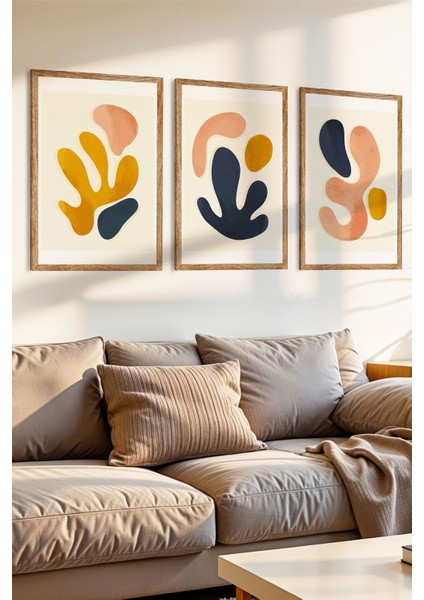 3 Parça Organik Soyutlar Temalı Ahşap Çerçeve Görünümlü Mdf Tablo Seti