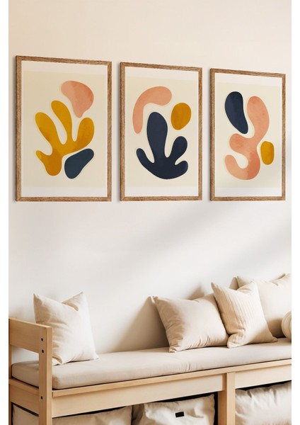 3 Parça Organik Soyutlar Temalı Ahşap Çerçeve Görünümlü Mdf Tablo Seti fiyatları