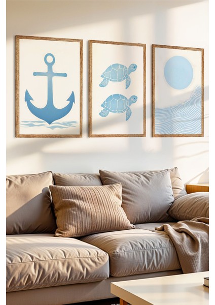 3 Parça Gemi Çapası Kablumbağa ve Okyanus Temalı Ahşap Çerçeve Görünümlü Mdf Tablo Seti