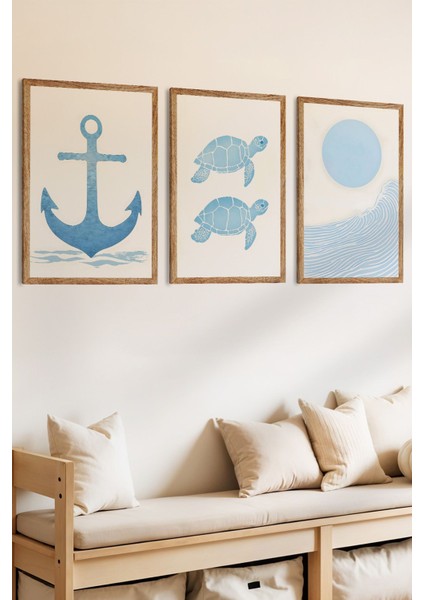 3 Parça Gemi Çapası Kablumbağa ve Okyanus Temalı Ahşap Çerçeve Görünümlü Mdf Tablo Seti fiyatları