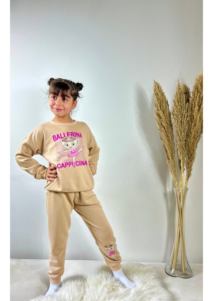 Bej Renk Balerina Cappuccina Baskılı 3 Iplik Kız Çocuk Eşofman Takım 3/10 Yaş