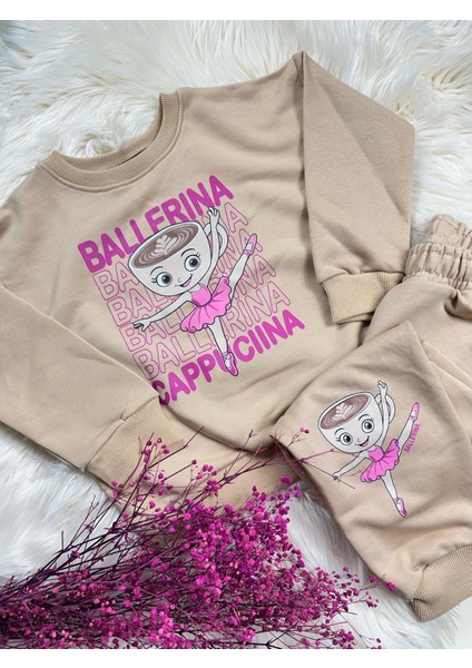 Bej Renk Balerina Cappuccina Baskılı 3 Iplik Kız Çocuk Eşofman Takım 3/10 Yaş