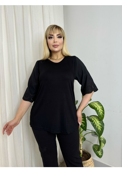 Kadın Büyük Beden Bisiklet Yaka Kolları Fisto Detay Esnek Viskon Bluz