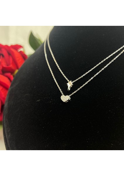 Zirkon Taşlı Kalp ve Kutup Yıldızı Figürlü Ikili Kadın Kolyesi 925 Ayar Gümüş Rodyumlu