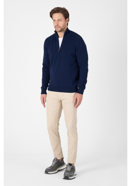 Lacivert Pamuk Yarım Fermuarlı Dik Yaka Triko Kazak fiyatları