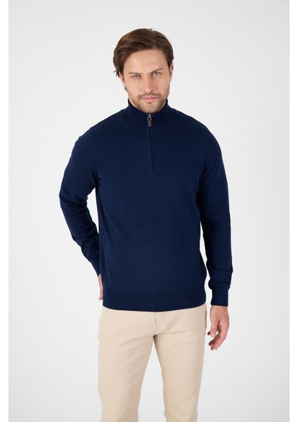 Lacivert Pamuk Yarım Fermuarlı Dik Yaka Triko Kazak fırsatları