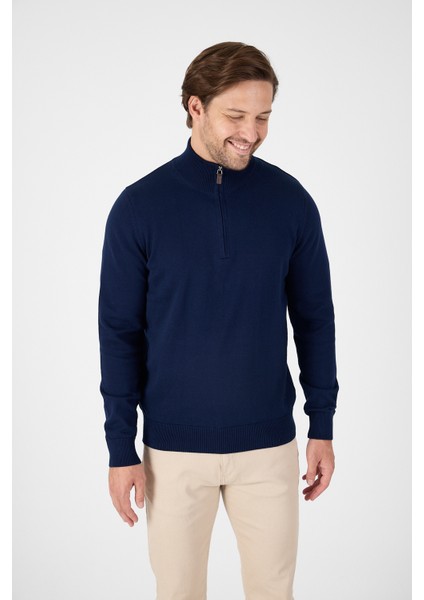 Lacivert Pamuk Yarım Fermuarlı Dik Yaka Triko Kazak