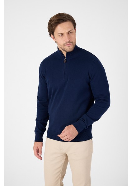 Lacivert Pamuk Yarım Fermuarlı Dik Yaka Triko Kazak