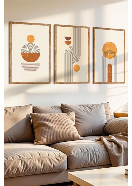 3 Parça Soyut Doğa ve Organik Formlar Temalı Ahşap Çerçeve Görünümlü Mdf Tablo Seti