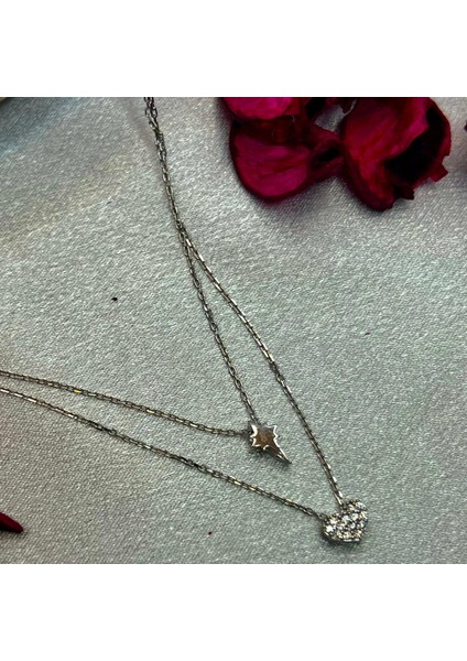 Zirkon Taşlı Kalp ve Kutup Yıldızı Figürlü Ikili Kadın Kolyesi 925 Ayar Gümüş Rodyumlu modelleri