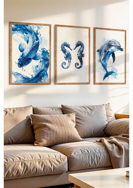 3 Parça Okyanusun Mavilikleri Temalı Ahşap Çerçeve Görünümlü Mdf Tablo Seti