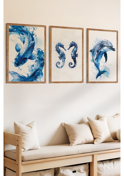 3 Parça Okyanusun Mavilikleri Temalı Ahşap Çerçeve Görünümlü Mdf Tablo Seti fiyatları
