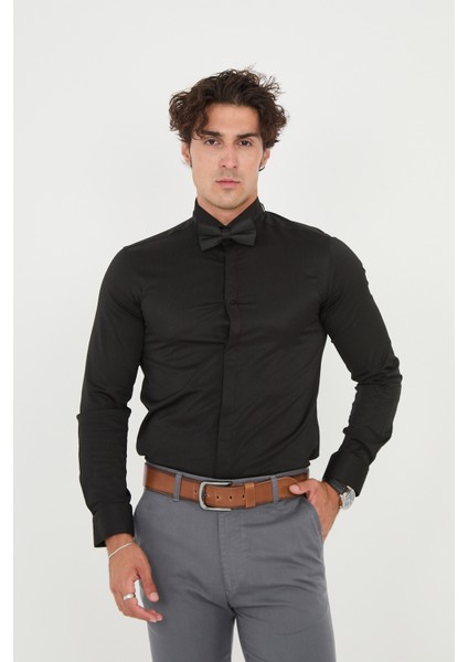 Saten Ata Yaka Smokin Gizli Düğmeli Pamuklu Likralı Slim Fit Erkek Gömlek