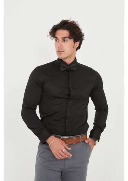 Saten Ata Yaka Smokin Gizli Düğmeli Pamuklu Likralı Slim Fit Erkek Gömlek fiyatları