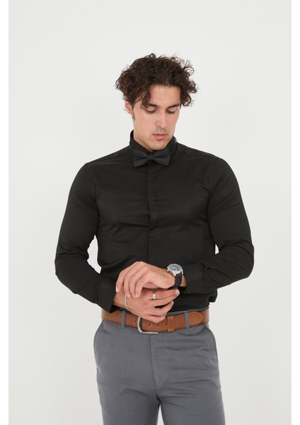 Saten Ata Yaka Smokin Gizli Düğmeli Pamuklu Likralı Slim Fit Erkek Gömlek indirimleri