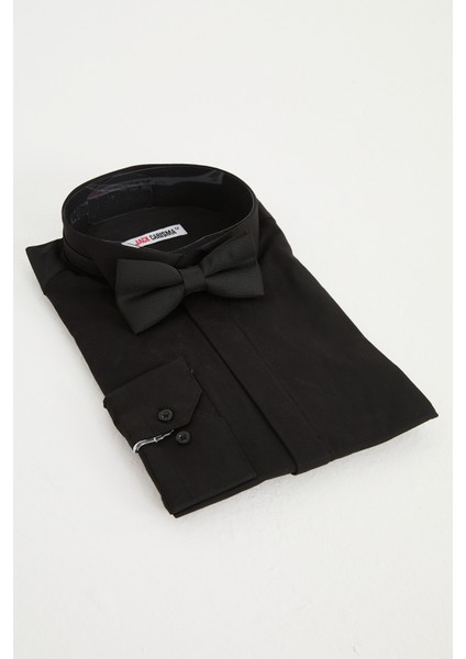 Saten Ata Yaka Smokin Gizli Düğmeli Pamuklu Likralı Slim Fit Erkek Gömlek