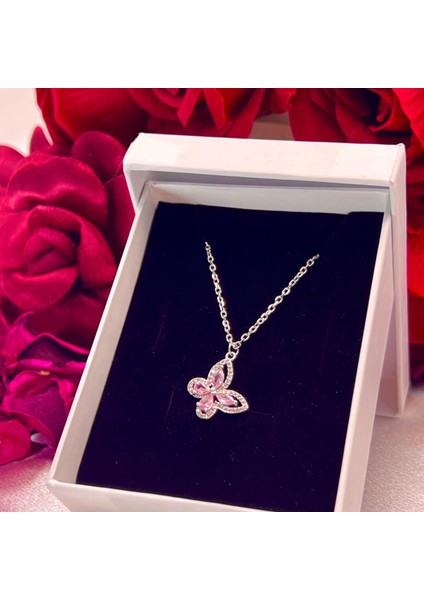 Pembe Taşlı Kelebek Kadın Kolyesi 925 Ayar Gümüş Rodyumlu Zirkon Taşlı