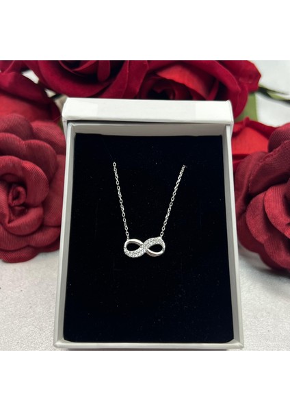 Zirkon Taşlı Sonsuzluk Kadın Kolyesi 925 Ayar Gümüş Zincirli Rodyumlu