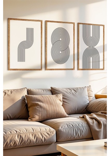 3 Parça Stabilize Çizgiler Temalı Ahşap Çerçeve Görünümlü Mdf Tablo Seti