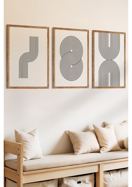 3 Parça Stabilize Çizgiler Temalı Ahşap Çerçeve Görünümlü Mdf Tablo Seti fiyatları