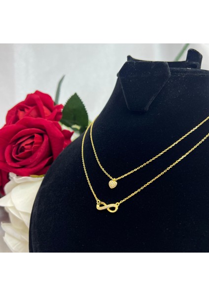 Kalp ve Sonsuzluk Ikili Kadın Kolyesi 925 Ayar Gümüş Altın Kaplama Zirkon Taşlı