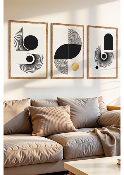 3 Parça Geoetrik Minimalizm Temalı Ahşap Çerçeve Görünümlü Mdf Tablo Seti