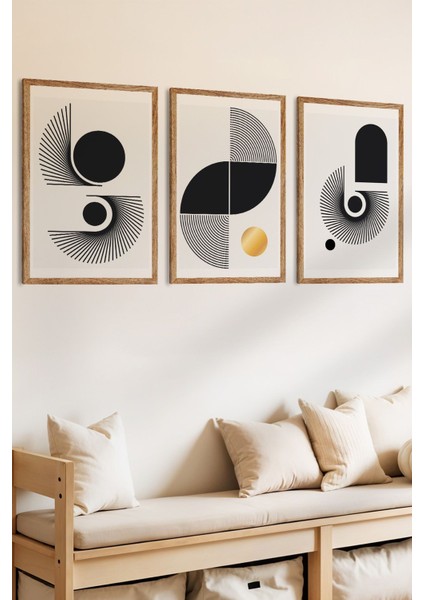 3 Parça Geoetrik Minimalizm Temalı Ahşap Çerçeve Görünümlü Mdf Tablo Seti fiyatları