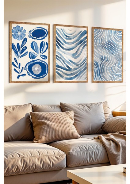 3 Parça Mavi Dokunuşlar Temalı Ahşap Çerçeve Görünümlü Mdf Tablo Seti