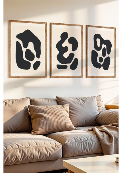 3 Parça Siyah Organik Formlar Ahşap Çerçeve Görünümlü Mdf Tablo Seti