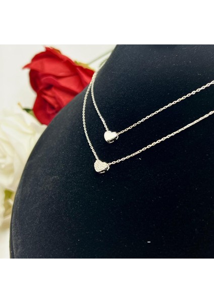 Ikili Zincir Minimal Kalp Kadın Kolyesi 925 Ayar Gümüş Rodyumlu Zirkon Taşlı