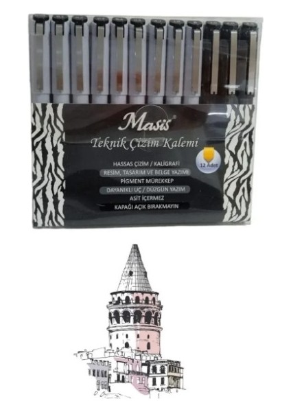 Teknik Çizim Kalemi Siyah Yuvarlak-Fırça-Kesik Uç 12 Li