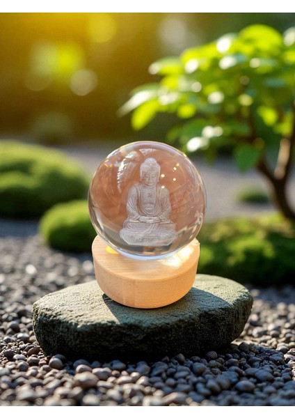 Huzur Veren Buda Figürlü Işıklı Cam Küre – Ahşap Altlıklı USB Dekoratif Lamba