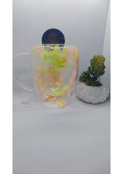 Isıya Dayanıklı Çift Cidarlı Kurutulmuş Canlı Çiçekli Kupa (Sarı&yeşil&pembe)