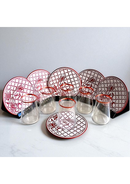 Türk Lale Motifli 6'lı Kırmızı Tabaklı Çay Bardağı Takımı