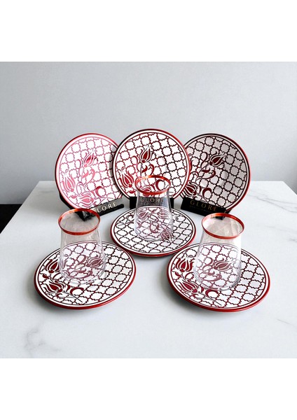 Türk Lale Motifli 6'lı Kırmızı Tabaklı Çay Bardağı Takımı fiyatları
