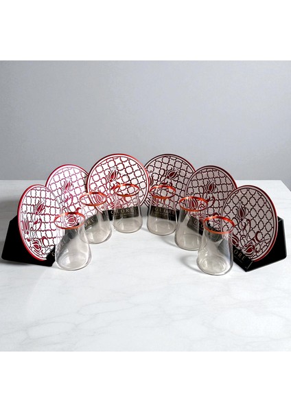 Türk Lale Motifli 6'lı Kırmızı Tabaklı Çay Bardağı Takımı modelleri